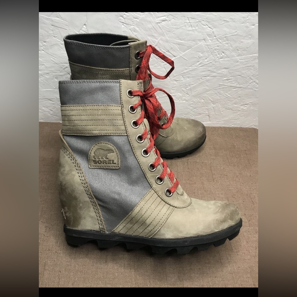 Sorel Lexie Wedge Women's Waterproof Boots Tan Gray Leather & Canvas Size 10